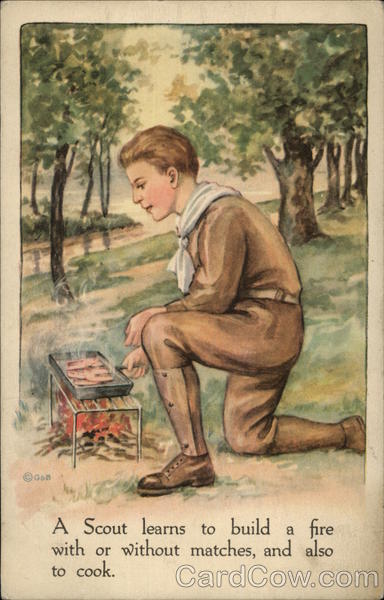 A Scout Learns to Build a Fire With or Without Matches, and Also to Cook