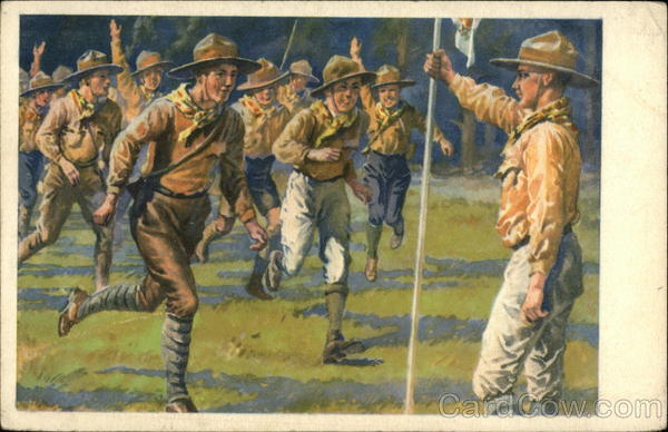 Boy Scouts Running Toward Man Holding Flag