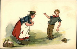 Large Woman in Red Skirt and White Apron Getting Ready to Punch Man with Black Eye Postcard