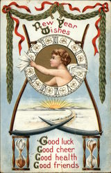 New Year Wishes, Good Luck, Good Cheer, Good Health, Good Friends Angels & Cherubs Postcard 