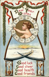 New Year Wishes, Good Luck, Good Cheer, Good Health, Good Friends Postcard