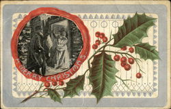 "A Merry Christmas" - Inset of Man delivering Goose to Woman - Holly Branch Postcard Postcard