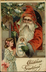 Christmas Greetings - Santa Giving Doll to Young Girl Postcard