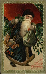 "A Merry Christmas" - With Santa Carrying Toys and Red Umbrella Postcard
