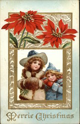 Merrie Christmas with Two Young Girls and Red Poinsettias Postcard