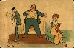 Fat Man Smoking Cigar Trying to Interest Man Reading Newspaper in his Knitting Daughter Comic, Funny Postcard Postcard