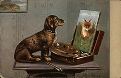 Dog Painting Picture of Fox Postcard