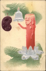 Pink Candle with Face Rings Silver Bell on Christmas Tree Postcard