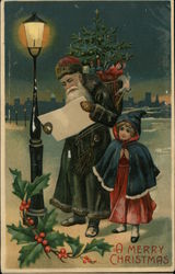 "A Merry Christmas" - Santa and Girl under street lamp in the snow Postcard