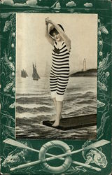 Woman in Black and White Striped Bathing Suit on Diving Board Postcard