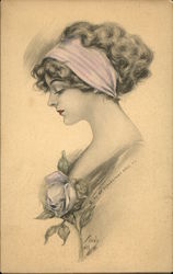 Woman With Curly Hair Wearing Pink Headband and Pink Rose Postcard