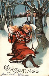 Greetings - Young Girl in Red Swinging in the Snow Postcard