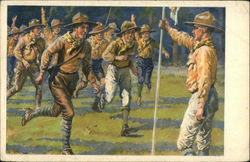 Boy Scouts Running Toward Man Holding Flag Postcard