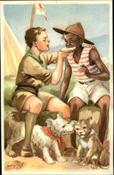Boy Scout Feeding Black Boy Slice of Bread Postcard