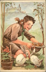 Boy Scout Feeding Animals Postcard