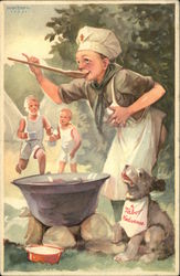 Boy Samples Camp Fire Food While Dog Looks On Postcard