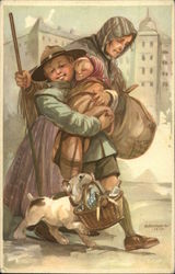 Boy Scout Walks With Woman While Holding Baby Postcard