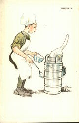 Little Boy Chef Watches as White Cat Goes into Milk Tank Head First Boy Scouts Postcard Postcard