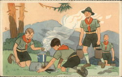 Boy Scouts Cooking Over Campfire Postcard