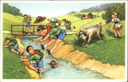 Goat Butts Boy Scouts into Stream Postcard