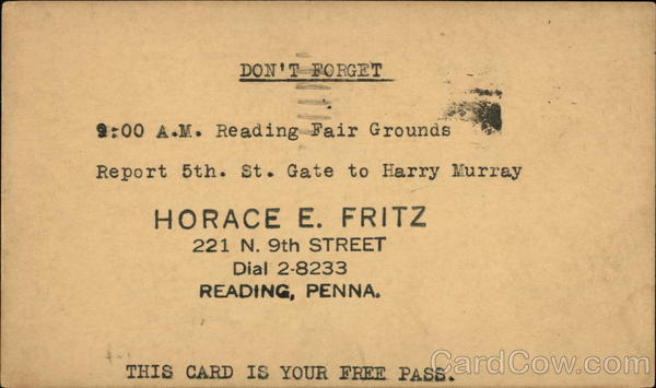Invite to Horace A Fritz Event Reading Pennsylvania