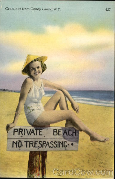 Greetings from Coney Island - Woman Sitting on Private Beach Sign New York