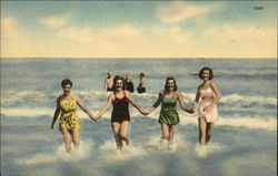 Women Running Through Surf Swimsuits & Pinup Postcard 