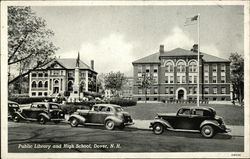 Street View of Public Library and High School Postcard
