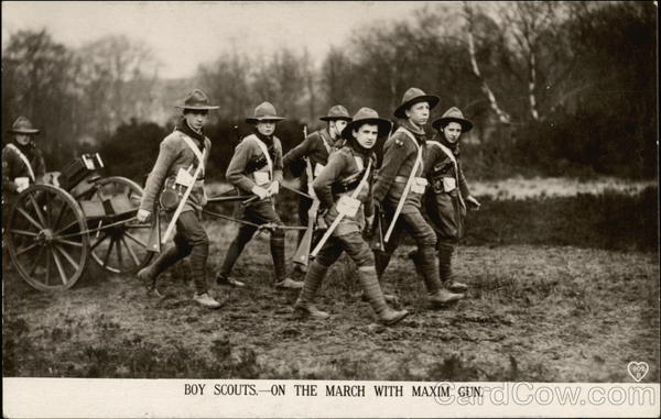 Boy Scouts on the March with Maxim Gun