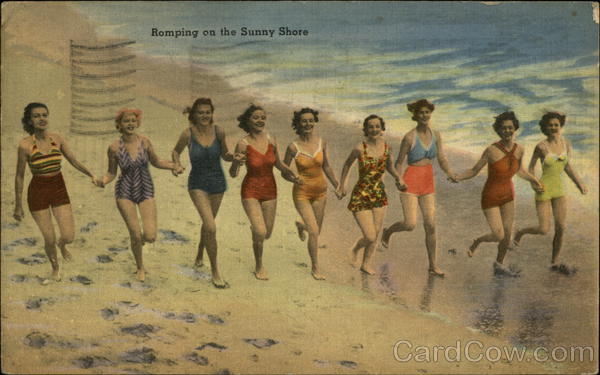 Young Women Running on Beach Swimsuits & Pinup