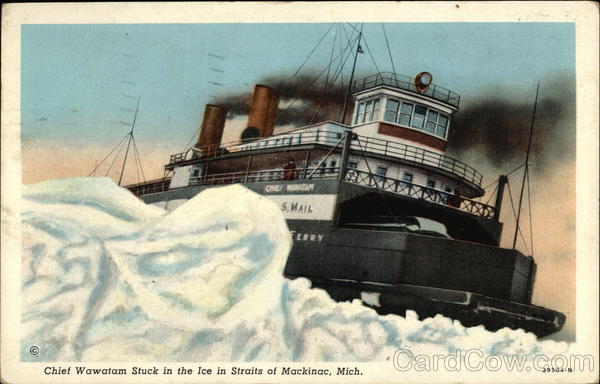 Chief Wawatam stuck in the ice in Straits of Mackinac, Mich.