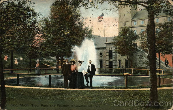 Trout Pond and Fountain in Government Park Soo Michigan
