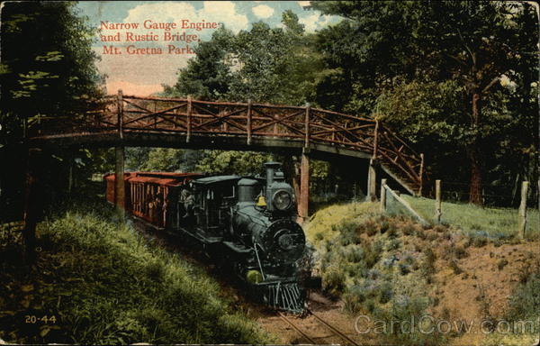 Narrow Gauge Engine and Rustic Bridge, Mt. Gretna Park