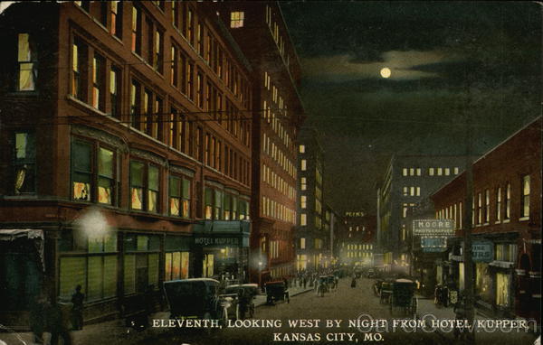 Eleventh Looking West by Night from Hotel Kupper Kansas City Missouri