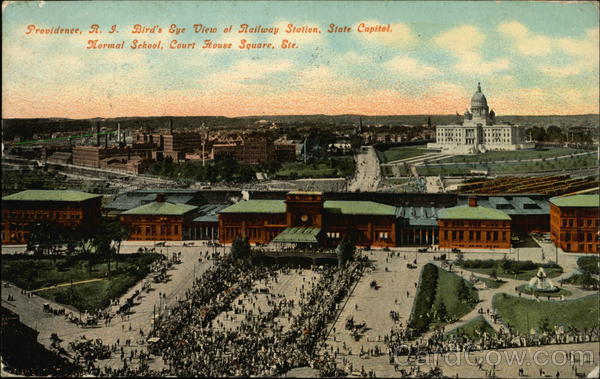 Bird's Eye View of Railway Station, State Capitol, Normal School, Court House Square, Ste. Providence