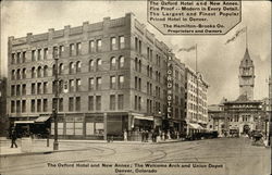The Oxford Hotel and New Annex, Welcome Arch and Union Depot Postcard