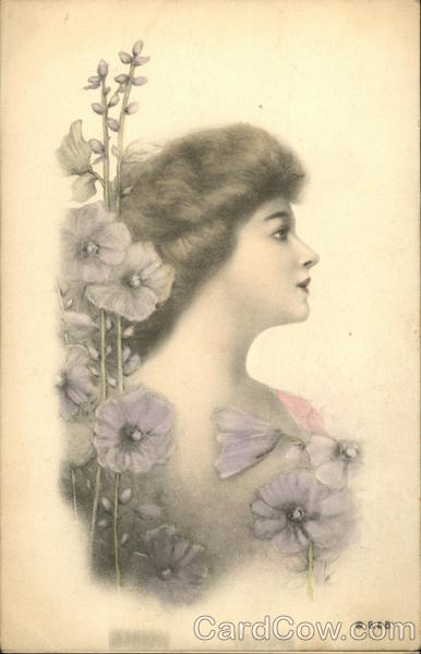 Portrait of a woman and hollyhocks Women
