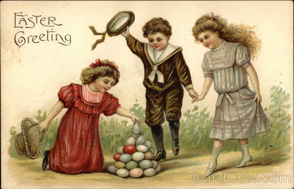 Easter Greeting - Children and Colored Eggs With Children