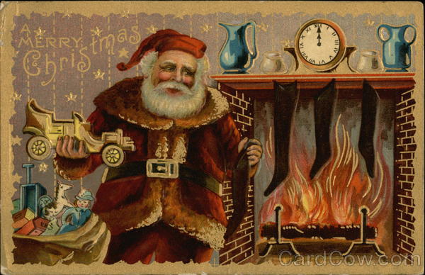 A Merry Christmas - With Santa Filling Stockings Santa Claus