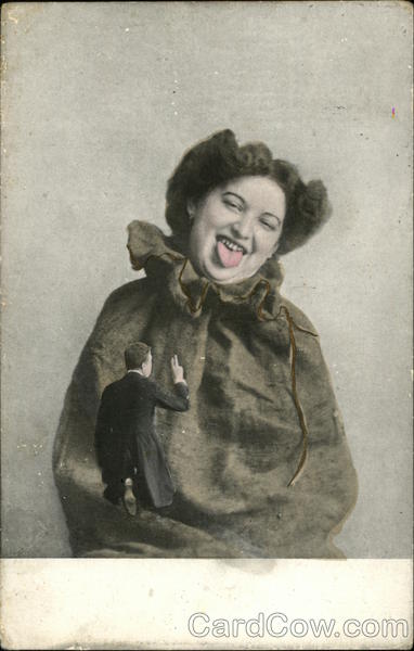 Photo of a woman in a sack, with a small man sitting on her arm.