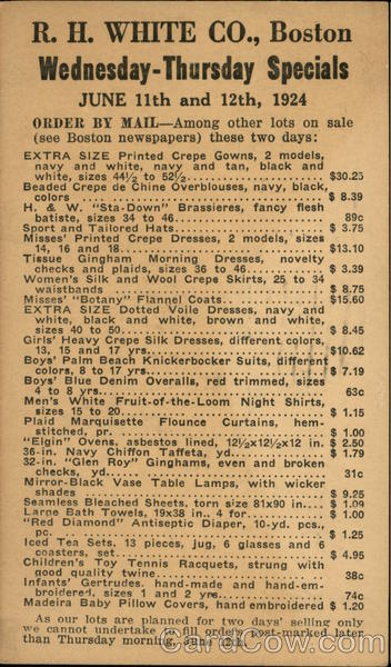 R. H. White Co., Boston. Wednesday - Thursday specials. June 11th and 12th, 1924.