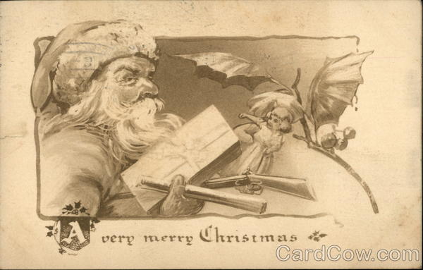 A Very Merry Christmas - Black & White Drawing of Santa and Toys