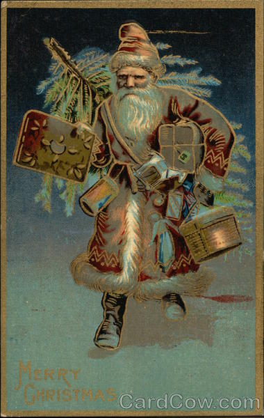 Merry Christmas - Santa Carrying Packages andTree Santa Claus