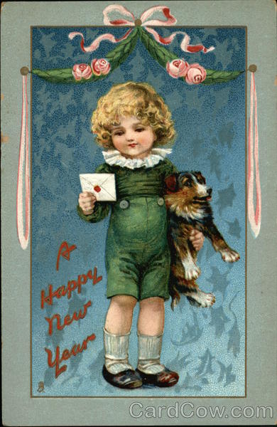 A Happy New Year - Blonde Child holding Envelope and Puppy