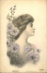 Portrait of a woman and hollyhocks Postcard