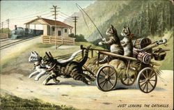 Just Leaving the Catskills - Cats Pulling and Driving a Wagon Postcard