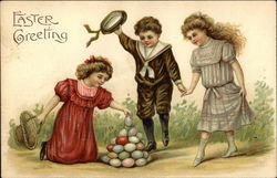 Easter Greeting - Children and Colored Eggs Postcard