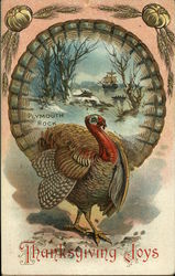 Thanksgiving Joys - Plymouth Rock Scene and Large Turkey Postcard
