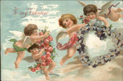 To My Valentine - Four Cherubs with Floral Garland and Wreath Postcard