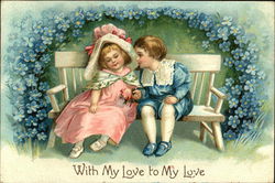 With My Love to My Love - Young Couple on Bench surrounded by Blue Flowers Postcard